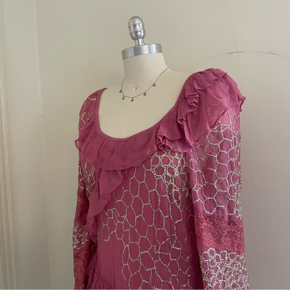 NWT LoveShackFancy Pink and Gold Ruffle Angora Mini Dress - Picture 4 of 10